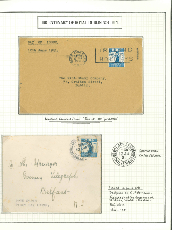 Stamp of Ireland » 1922-49 Dublin Government Printing Works Issues 1931 – Royal Dublin Society. An attractive and specialised assembly, neatly mounted and written up on three album pages. Includes mint and used singles, a used block of four, and two singles tied on separate covers by 12