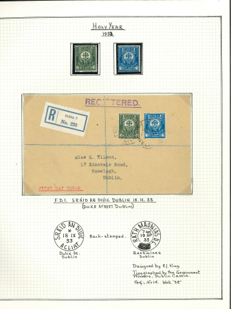 Stamp of Ireland » 1922-49 Dublin Government Printing Works Issues 1933 Holy Year attractive specialised assembly neatly mounted and written up on two album pages, with mint and used sets, and one set tied on registered cover by 18.IX.33 first day cancels, a fine and scarce lot