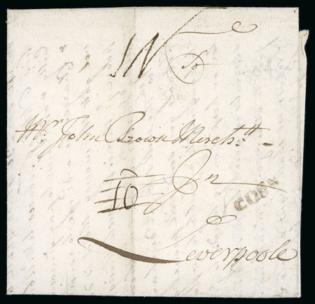 Stamp of Ireland » Pre-Stamp Postal History » Early Period - 1657-1784 1709 Folded entire from Cork to Liverpool, text in Flemish, showing deleted manuscript "10" in favour of "IN" (possibly "1/6"), with small linear CORK alongside, letter concerns a shipment of tobacco, a fine example of a