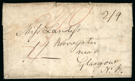 Stamp of Ireland » Pre-Stamp Postal History » Independant Post Office Period - 1784-1831 1791 Folded entire from Dublin to Robroyston near Glasgow, showing endorsement on reverse "The postmaster of Glasgow is requested to send this letter by express to Miss Landiss of Robroyston", the Irish "2/9" in red whic