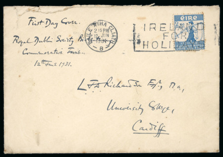 Stamp of Ireland » 1922-49 Dublin Government Printing Works Issues 1931 Royal Dublin Society 2d blue, tied boxed slogan IRELAND FOR HOLIDAYS with BAILE ÁTHA CLIATH/12.JUN.1931 first day cancel alongside, few tone spots, scarce (Hib. C5, €220)