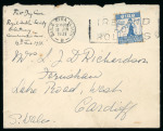 Stamp of Ireland » 1922-49 Dublin Government Printing Works Issues 1931 Royal Dublin Society 2d blue, tied boxed slogan IRELAND FOR HOLIDAYS with BAILE ÁTHA CLIATH/12.JUN.1931 first day cancel alongside, few tone spots and flap missing, scarce (Hib. C5, €220)