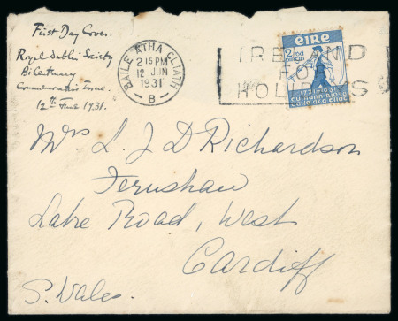 Stamp of Ireland » 1922-49 Dublin Government Printing Works Issues 1931 Royal Dublin Society 2d blue, tied boxed slogan IRELAND FOR HOLIDAYS with BAILE ÁTHA CLIATH/12.JUN.1931 first day cancel alongside, few tone spots and flap missing, scarce (Hib. C5, €220)