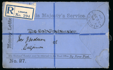 Stamp of Ireland » GB Used In Ireland 1909 Official Money Letter: Printed Registered Money Letter bearing LIMERICK N.P.B./NO.20.09 (Newspaper Branch) cds with registered label alongside, plus an enclosed receipt for salary, very fine and a rare usage.