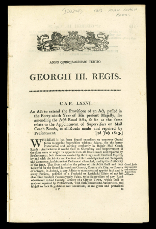 Stamp of Ireland » Historical Documents 1813-14 George III two Acts relating to the number of people on a Stagecoach and Mail Coach Roads, very fine and scarce