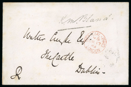 Stamp of Ireland » Historical Documents 1864 (17.3) Official envelope from Queen Victoria addressed to The Castle, Dublin, via the Holyhead and Kingston Service, bearing red PFFICIAL PAID/LONDOM/MR.17.64 cds, initialled "R" alongside, with H&K PAC/A/MR.18.1864