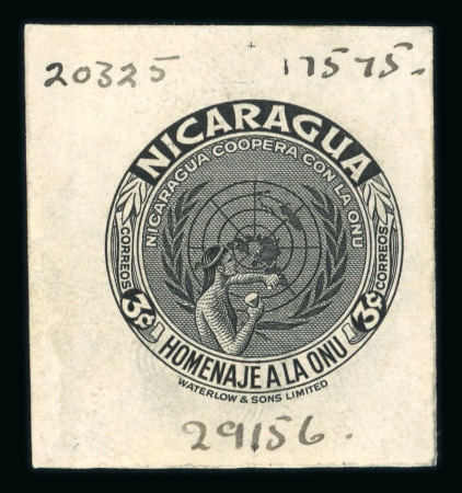 Stamp of Nicaragua 1953 Tribute to the United Nations group of 18 black proofs