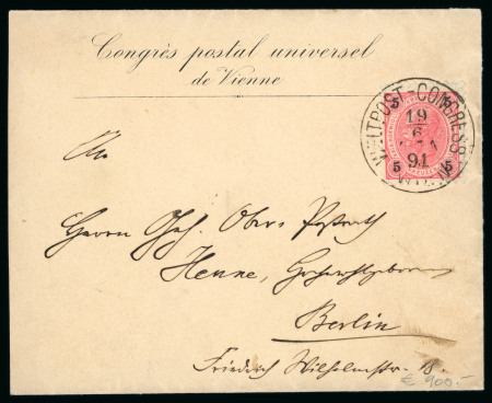 Stamp of Thematics 1891-1960s UPU collection of covers on stock pages, commencing with Austria 5k on scarce printed 1891 Congress of Vienna