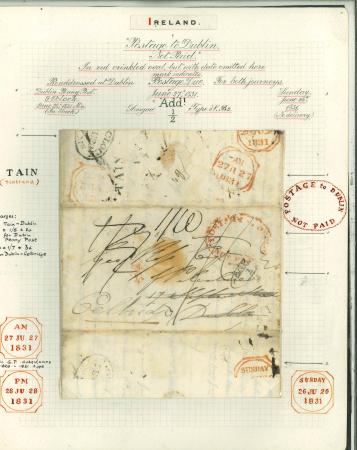 Stamp of Ireland » Pre-Stamp Postal History » Independant Post Office Period - 1784-1831 1831 (22.6) Folded entire from Tain, Scotland, to Dublin and redirected onto Celbridge, mounted and written up on Field exhibit page, paying "1/6" Tain to Dublin, plus 1d for Dublin Penny Post and 3d for onward journey t
