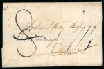 Stamp of Ireland » Pre-Stamp Postal History » Independant Post Office Period - 1784-1831 1813 (10.7) Folded large part cover from Athlone to Dublin, showing a straight line "ATHLONE/60" in red and inexplicably an unframed "T• OFF" (Treasurers Office) hs, rated "8" and uprated to "1/4", a very fine and rare u