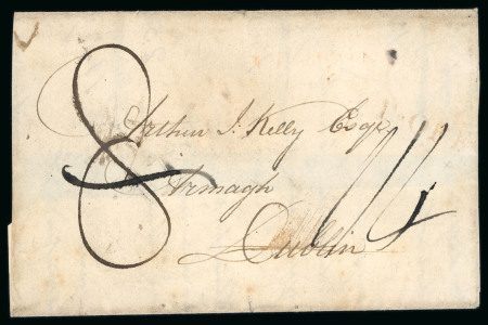 Stamp of Ireland » Pre-Stamp Postal History » Independant Post Office Period - 1784-1831 1813 (10.7) Folded large part cover from Athlone to Dublin, showing a straight line "ATHLONE/60" in red and inexplicably an unframed "T• OFF" (Treasurers Office) hs, rated "8" and uprated to "1/4", a very fine and rare u