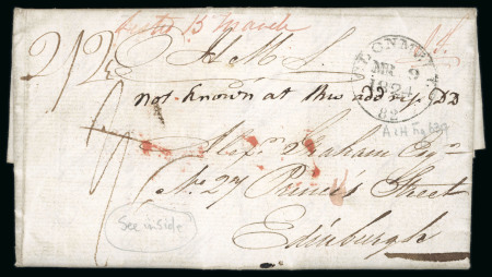 Stamp of Ireland » Pre-Stamp Postal History » Independant Post Office Period - 1784-1831 1824 (7.3) Folded entire turned cover Limerick to Clonmel, rate "6" with LIMERICK/MR.7/1824/84 circular mileage mkg in red, cover turned and sent on from Clonmel to Edinburgh, rate "2/2" with CLONMELL/MR.9/1824/82 circul
