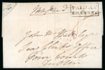 Stamp of Ireland » Postal History (Arranged alphabetically by County) Kilkenny: 1835 Folded entire from Kilkenny to Dublin, bearings distinctive sherif boxed PAID AT/KILKENNY hs in black showing two different font sizes, red boxed PAID ds alongside, very fine and unusual strike.