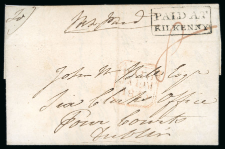 Stamp of Ireland » Postal History (Arranged alphabetically by County) Kilkenny: 1835 Folded entire from Kilkenny to Dublin, bearings distinctive sherif boxed PAID AT/KILKENNY hs in black showing two different font sizes, red boxed PAID ds alongside, very fine and unusual strike.