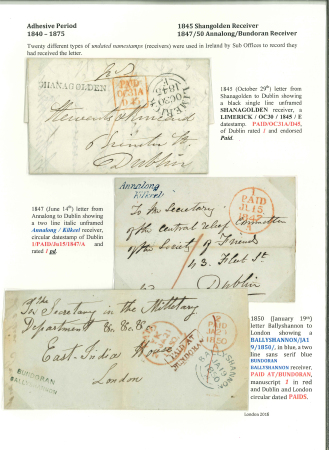 Stamp of Ireland » Pre-Stamp Postal History » Adhesive Period 1845-50 Three attractive folded covers showing three of the twenty different receivers known from Ireland, with serif linear SHANAGOLDEN in black, italic Annalong/Kilkeel in blue and small sans serif BUNDORAN/BALLYSHANNO