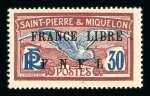 Stamp of Colonies françaises » St. Pierre et Miquelon 1941, 30cts grenat et bleu Y&T n° 233 avec surcharge