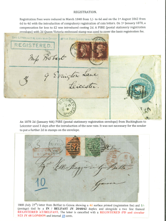 Stamp of Ireland » GB Used In Ireland 1868-78 Two registered covers including folded entire dated 1868 from Belfast to Genoa, Italy, paying a 4d surface printed registration fee and 1s postage rate with attractive boxed REGISTERED AT/BELFAST in red, also pos