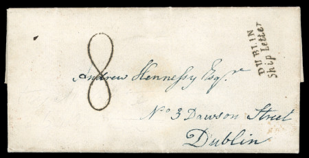 Stamp of Ireland » Pre-Stamp Postal History » Adhesive Period 1843 (30.5) Folded entire from Barbados to Dublin, showing the all-in shipletter rate handstamp "8" of Dublin, with mixed typeface DUBLIN/Ship Letter hs, both superbly struck in black, Dublin arrival bs, very fine