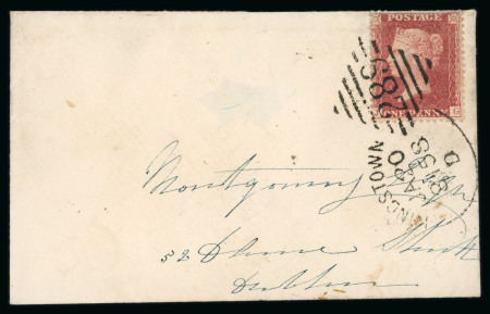 Stamp of Ireland » Pre-Stamp Postal History » Adhesive Period 1858 (20.1) Small format envelope from Kingston to Dublin, franked 1d red pl. 44, tied by black Irish type KINGSTOWN/289 spoon showing rare date error 8158 for 1858, showpiece
