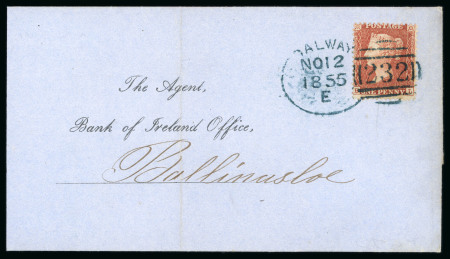Stamp of Ireland » Pre-Stamp Postal History » Adhesive Period 1855 (12.11) Folded entire from Galway to Ballinasloe, franked 1d red, tied by green English type GALWAY/232 spoon, showpiece