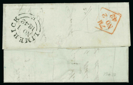 Stamp of Ireland » Pre-Stamp Postal History » Adhesive Period Irish River Letter    1842 (1.11) River letter written "On board Lansdown Steamer, River Shannon" to Rotherham, franked 1d red, IL plate 24, clear to very large margins tied by crisp distinctive Limerick Maltese Cross, a