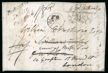 Stamp of Ireland » Postal History (Arranged alphabetically by County) Dublin: 1840 (17.3) Folded cover from France to Dublin, redirected to London, rated "1/7" and subsequently rerated "1/8", with italic Postage to Dublin not paid alongside, cvr creases, scarce.