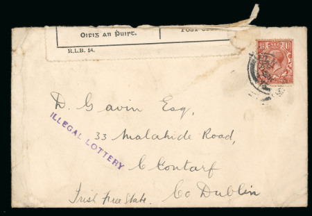 Stamp of Ireland » Later postal history Illegal Lottery    1927 (30.5) Envelope from England to Clontarf, Dublin, Irish Free State, showing unusual and scarce linear violet ILLEGAL LOTTERY hs, cover with bilingual OFFICIALLY SEALED/IN THE/POST OFFICE tape, wit