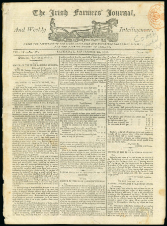 Stamp of Ireland » Historical Documents 1815 (13.8) The Irish Farmers Journal, showing a red newspaper 2d revenue hs, the journal contains an interesting article pertaining to the attack on the Cork to Dublin Mail Coach, resulting in the change of the timing a