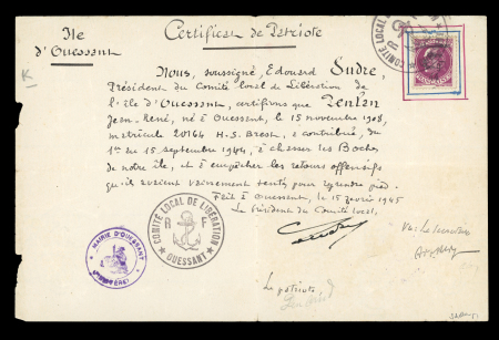 Stamp of France » Libération OUESSANT (Finistère) : Mayer n°57 exceptionnel CERTIFICAT