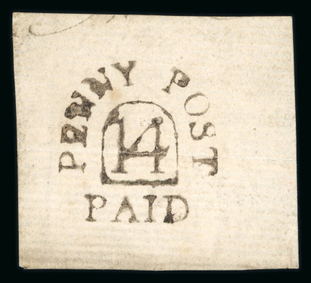 Stamp of Ireland » Pre-Stamp Postal History » Early Period - 1657-1784 1782 Unframed horseshoe "Dockwra" type handstamp PENNY POST/PAID/14 fragment on laid gummed paper, unusual and extremely rare
