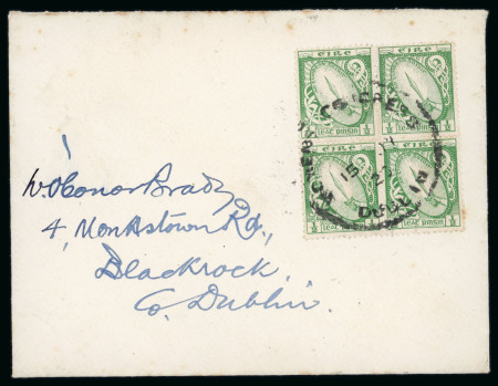Stamp of Ireland » Later postal history 1926 (15.7) Envelope from Dublin to Blackrock, franked SE Wmk 1/2d green block of four tied by large type WOMENS CONGRESS/DUBLIN/15.JY.26 cds, scarce