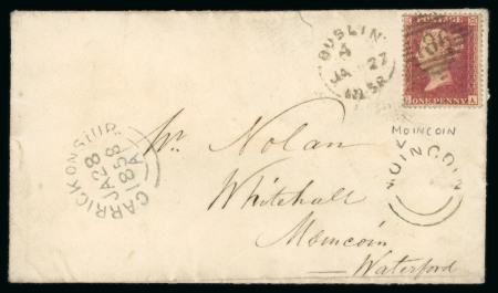 Stamp of Ireland » Postal History (Arranged alphabetically by County) Kilkenny - Moincoin: 1858 (27.1) Envelope Dublin to Moincoin, franked with a late usage of the 1d red, perf.16, tied DUBLIN/186 duplex, showing undated circular MOINCOIN receiver, fine strike of the Type 4B mkg and unrec
