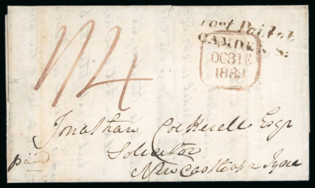 Stamp of Ireland » Postal History (Arranged alphabetically by County) Dublin - Camden Street: 1839 (31.10) Entire to Newcastle on Tyne, prepaid "1/4" single showing on face the rare mixed typeface Post Paid at/CAMDEN St. in black, a fine strike superimposed by framed PAID/OC31E.1839 in red