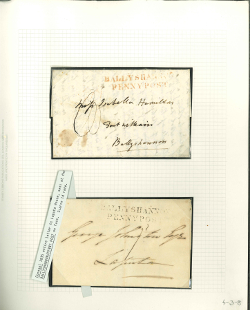 Stamp of Ireland » Postal History (Arranged alphabetically by County) Donegal – Ballyshannon: 1783-1840 Twelve folded covers mounted on album pages, showing large linear town marking B.SHANNON, BALLYSHANNON/101 mileage in red on four covers, BALLYSHANNON/PENNY POST in both black, blue and