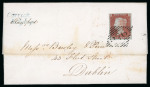 Stamp of Ireland » Postal History (Arranged alphabetically by County) Donegal: 1810-1859 Attractive group of 33 covers mounted on 26 album pages, showing an array of different town markings including 2-line BALINTRA/DONEGAL in blue, BUNCRANA/122 mileage in black, undated circular town mkg 