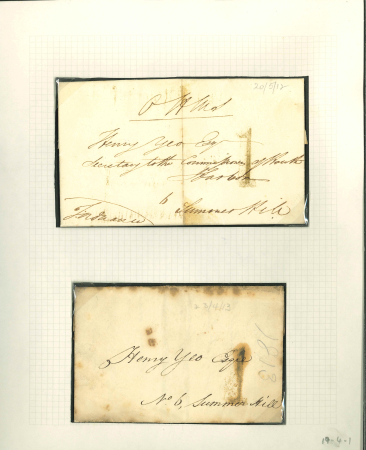 Stamp of Ireland » Pre-Stamp Postal History » Independant Post Office Period - 1784-1831 1812-1848 Specialised collection of 28 covers mounted on 20 album pages, showing an array of the many different Uniform Penny Post "1" due handstamps all black, fine group with strikes in above average quality (28)