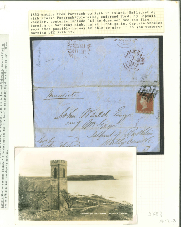 Stamp of Ireland » Postal History (Arranged alphabetically by County) Antrim: 1853 (9.6) Folded cover from Portrush to Rathlin Island, Ballycastle, franked 1841 1d red tied diamond numeral, showing italic Portrush/Coleraine, endorsed by Captain Wheeler with contents including statement "if