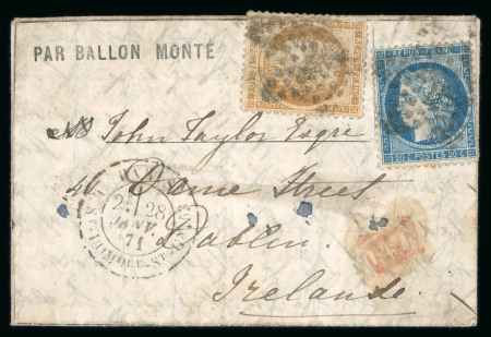 Stamp of Ireland » Incoming Mail Ballon Post to Ireland 1871 (28.1) Small neat printed entire PAR BALLON MONTÉ addressed to Dame Street, Dublin, Ireland, franked with 30c of French adhesives, Paris cds alongside, with Lille and H&K.PACT/FE.15 bs, a r