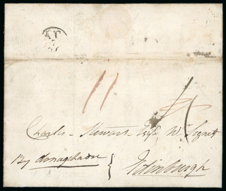 Stamp of Ireland » Pre-Stamp Postal History » Independant Post Office Period - 1784-1831 1796 (7.4) Folded entire sent from Kenneth McCaskill at the Loughlinstown Camp, addressed to Edinburgh, showing Dublin black departure Bishop mkg in black and a red arrival, an unusual and scarce item from this little kn