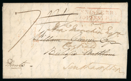 Stamp of Ireland » Pre-Stamp Postal History » Local Post Period - 1773-1840 1831 (11.5) Folded entire sent from Enniskerry, Co. Wicklow to Bishop's Waltham redirected to Southhampton, showing two-line framed ENNISKERRY TWO PENNY POST in red and rate "7", very fine strike.    Note: The Two Penny 