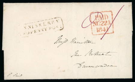 Stamp of Ireland » Pre-Stamp Postal History » Local Post Period - 1773-1840 1841 (22.11) Folded entire sent from Enniskerry, Co. Wicklow to Drumcondra, prepaid "1d" at the UPP rate, showing on face two-line framed ENNISKERRY TWO PENNY POST in black and Dublin PAID ds in red alongside, very fine 