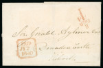 Stamp of Ireland » Pre-Stamp Postal History » Postal Reform Period 1840 (2.7) Prepaid folded entire from Kilcock showing an exceptional strike of the Dublin coded "11/PAID/1d." hs, plus framed Dublin "PAID/JY 22/1840" ds, all in red, very fine and scarce, ex. Fred Dixon.