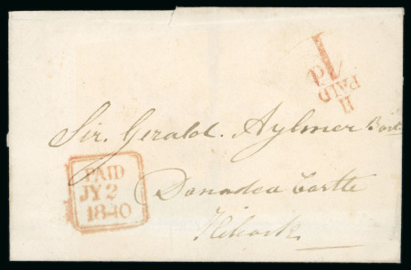 Stamp of Ireland » Pre-Stamp Postal History » Postal Reform Period 1840 (2.7) Prepaid folded entire from Kilcock showing an exceptional strike of the Dublin coded "11/PAID/1d." hs, plus framed Dublin "PAID/JY 22/1840" ds, all in red, very fine and scarce, ex. Fred Dixon.