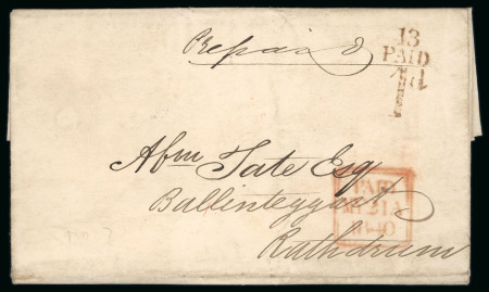 Stamp of Ireland » Pre-Stamp Postal History » Postal Reform Period 1840 (31.5) Prepaid folded entire from Dublin to Rathdrum, showing an exceptional strike of the Dublin coded "13/PAID/1d." hs, plus framed Dublin "PAID/MY 31/1840" ds, very fine and scarce.