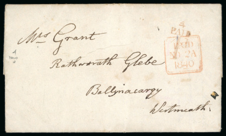 Stamp of Ireland » Pre-Stamp Postal History » Postal Reform Period 1840 (2.11) Prepaid folded entire from Dublin to Westmeath, showing an exceptional strike of the Dublin coded "4/PAID/1d." hs, plus framed Dublin "PAID/NO 2A/1840" ds, very fine and scarce.