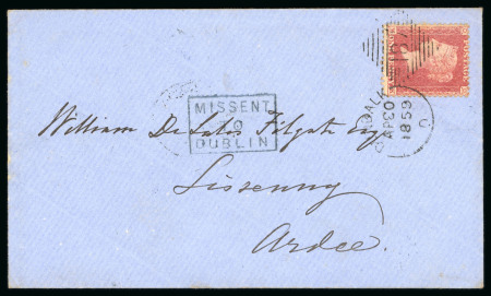 Stamp of Ireland » Postal History (Arranged alphabetically by County) Dublin - Missent to Dublin: 1859 (30.4) Blue envelope from Dundalk to Ardee, franked 1d red superbly tied by DUNDALK/187 duplex, with boxed MISSENT/TO/DUBLIN in green alongside, showpiece.
