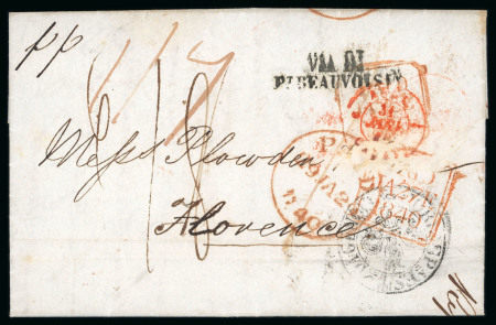 Stamp of Ireland » Postal History (Arranged alphabetically by County) Dublin - Instructional: 1840 (25.1) Folded entire from Dublin to Florence, showing on the back flap a clear strike in red of the scarce italic Returned/for Postage, an array of Dublin & London PAID mkgs on face, an unusu