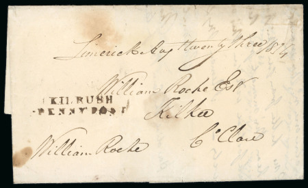 Stamp of Ireland » Postal History (Arranged alphabetically by County) Clare - Kilrush: 1834 Two entires both sent from Limerick to Kilkee, franked free at lower left and signed by William Roche, both showing black 2-line KILRUSH/PENNY POST in seriffed capitals, fine and very rare strike of