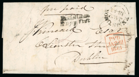 Stamp of Ireland » Postal History (Arranged alphabetically by County) Clare - Ennistimon: 1843 (21.1) Folded entire from Tomeen to Dublin, prepaid 2d in cash, showing on face ENNISTIMON/JA.22.1843 cds and italic 2-line Ennistimon/Penny Post in black alongside, plus Dubin PAID ds in red, a 