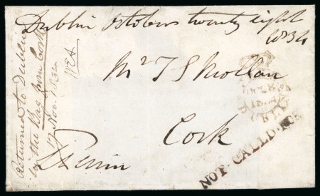 Stamp of Ireland » Pre-Stamp Postal History » Unified Post Period - 1827-1839 1834 Cover front with part back flaps to Cork, franked free and with FREE/DUBLIN crown ds, showing on face the rare NOT CALLED FOR in red, and manuscript  "Returned to Dublin in the Bag from Cork", plus another entire da